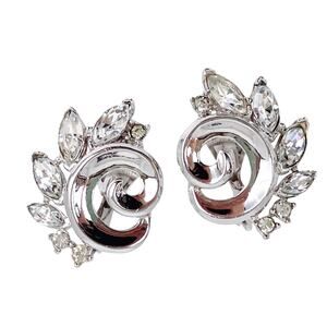 Vintage Signed Crown Trifari Mid Century Silver Tone Rhinestone Clip On Earrings